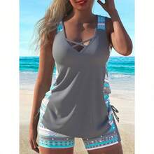 Women's Beach Swim Dress – One-Piece Floral Swimwear With Flowy Skirt - Màu xanh lam - Xem 2