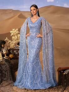 Faeriesty 女士串珠短袖鱼尾连衣裙，采用透视网纱、精致刺绣和V领设计，适合晚宴、婚礼、正式奢华活动和红毯场合。 - 霧霾藍 - 查看 6