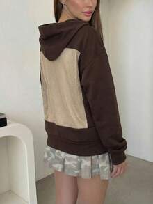 DOUCIU Solid Color Pullover Hoodie, Sheer Fashion Sweatshirt, Casual Streetwear - Brown - View 2
