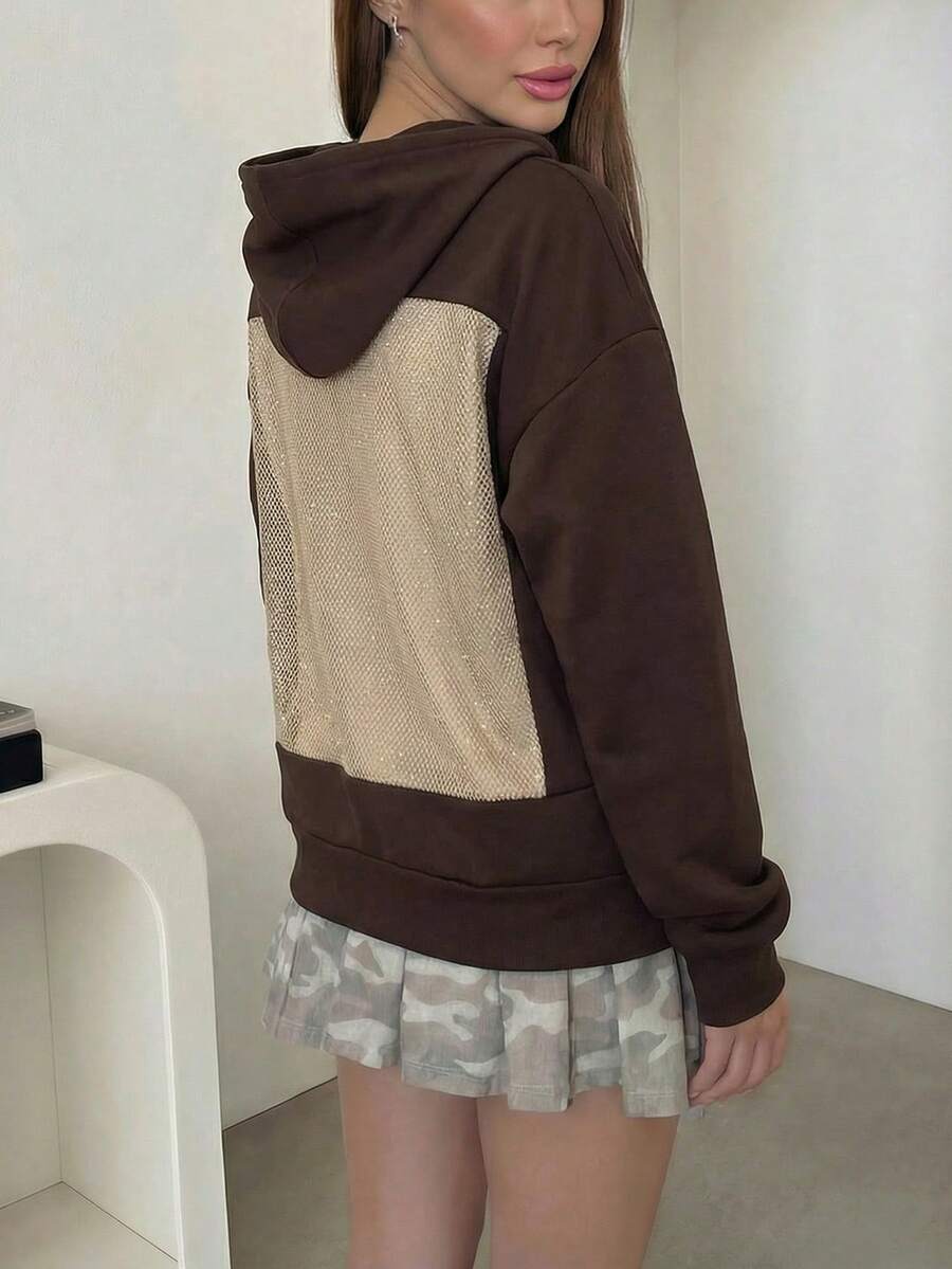 DOUCIU Solid Color Pullover Hoodie, Sheer Fashion Sweatshirt, Casual Streetwear