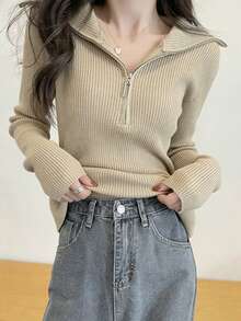 女士修身百搭拉链半领长袖针织毛衣 - 杏色 - 查看 4