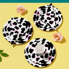 粉色和黑色奶牛纹一次性餐盘、餐巾纸、杯子 - 25人份派对用品套装，适用于生日、婚礼、主题派对、家庭野餐 - 彩色 - 查看 5