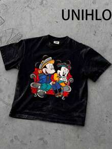 Disney UNIHLO  Mickey   Printed Summer Heavyweight Retro Washed Street Fashion Casual T-Shirt - Black - View 2