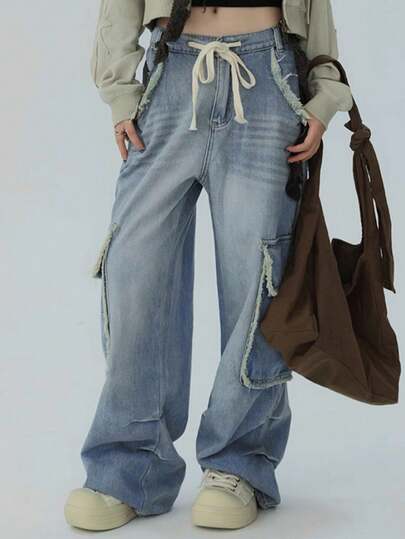 复古做旧宽松直筒牛仔裤，双口袋设计，抽绳腰带，女款
