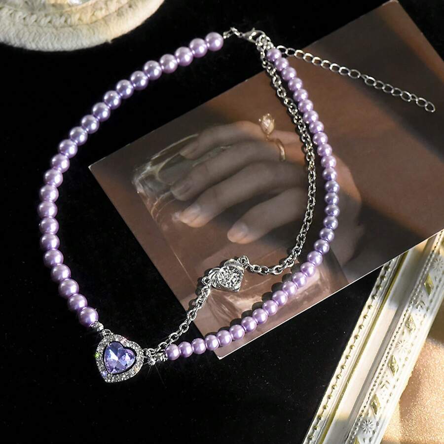 Purple Heart Necklace Pearl Double Layer Clavicle Chain Elegant Heart Pendant Short Style - Purple Heart Necklace - View 1