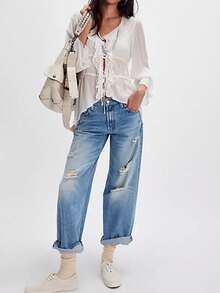 Women Long Sleeve Sheer Mesh Tops Deep V Neck Front Tie Ruffled Casual Shirts 2026  See Through Blouse - 白色 - 查看 4