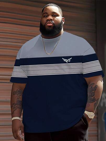 加大码男士休闲圆领T恤，涤纶针织面料，舒适透气，时尚休闲简约系列“深海条纹”图案，休闲街头设计清新系列，新颖个性化上衣