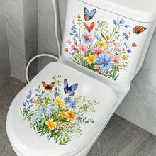 2pcs Watercolor Wild Flower & Butterfly Toilet Decoration Stickers, Waterproof Self-Adhesive Toilet Tank & Lid Cover Set, Fresh Pastoral Style - Multicolor - View 3