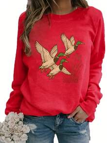 Sweat Shirt Women's Soft Plaid Duck Printing Hoodie - Plaid Round Neck Pullover, Flying Duck And Green Grass Design, Casual Long Sleeves All Year Round, Loose H-Shaped Version, Suitable For Daily Wear () Loose And Comfortable Valentine's Day - 杏色 - 查看 7