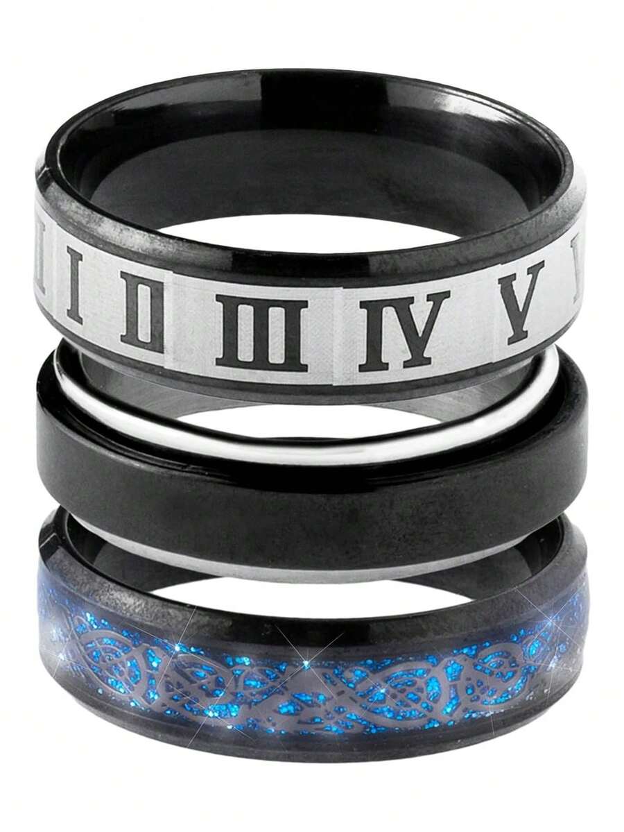 3 Anillos Hombre | Números Romanos, Gris-negro, Negro-Azul │ Anillos Giratorios, Anti Ansiedad, de Acero Inoxidable MR01,37493002 - Multicolor - Ver 1