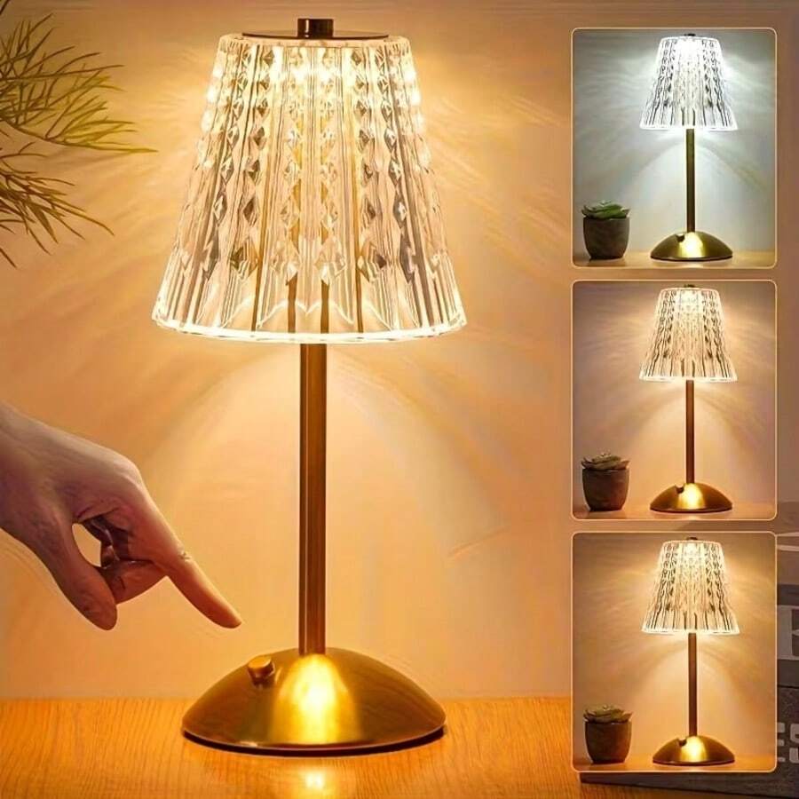 Cordless Lamp,Dimmable Crystal Table Lamp 3 Colors LED Gold Lamp,Touch Lamp Diamond Crystal Lamp, Rechargeable Small Lamp, Wireless Lamp Vintage Lamp For Bedroom Living Room Bathroom Hotel Bar - 01 - 查看 1