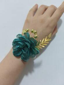 1pc Women's Wrist Camellia Flower Bracelet With Golden Leaf & Pearl Decor, Bridal Bridesmaid Bracelet For Wedding, Party, Daily Wear