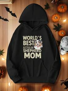 1pc Women-S Plus Size Casual Hoodie With Australian Shepherd Mom Print, Polyester Knit Fabric, Longeeve, Regular Length, Geometric Pattern, Hooded Pullover For AutumnWinter - 黑色3 - 查看 1