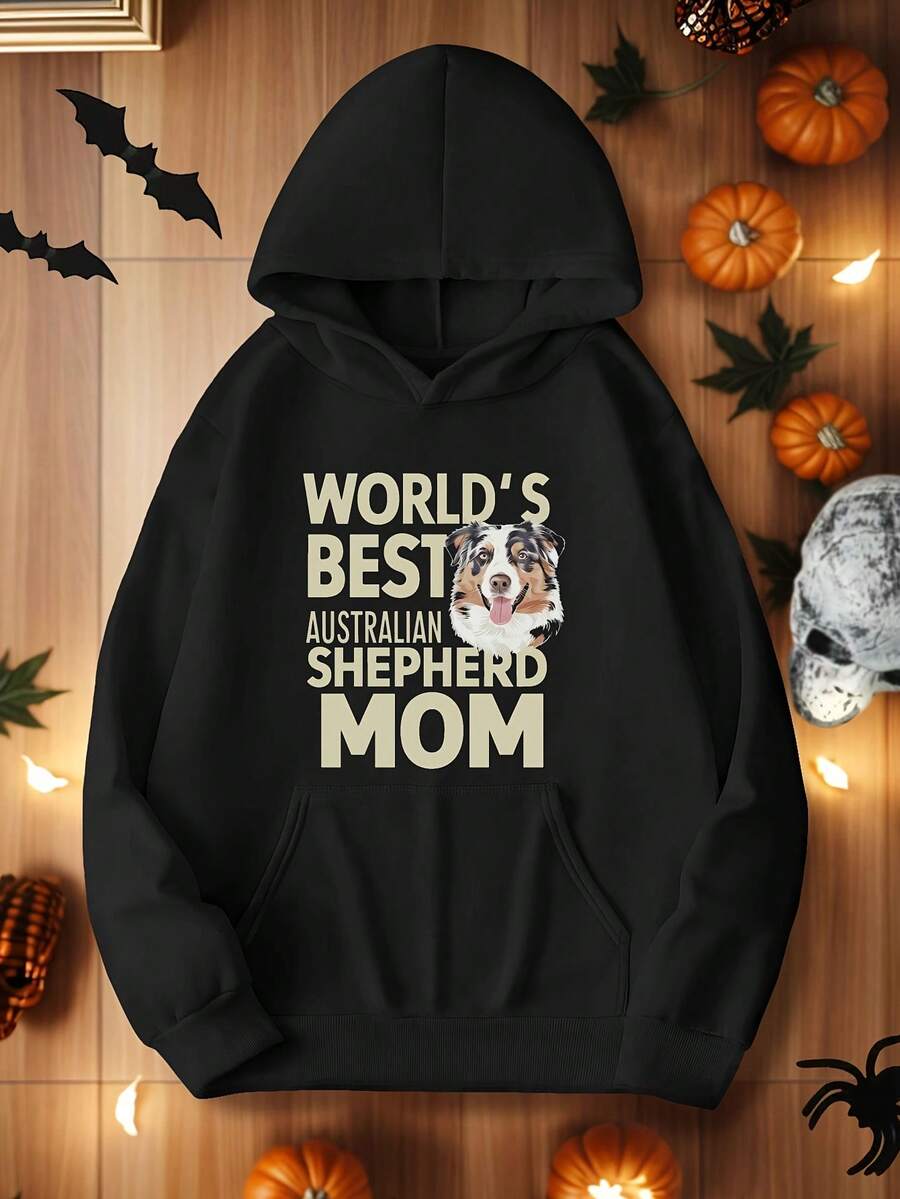 1pc Women-S Plus Size Casual Hoodie With Australian Shepherd Mom Print, Polyester Knit Fabric, Longeeve, Regular Length, Geometric Pattern, Hooded Pullover For AutumnWinter - 黑色3 - 查看 1