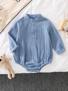 Baby Boys Long Sleeve Bodysuit, Stand Collar Half-Zip, Pleated Texture, Soft Cotton Bodysuit, Baby Boy Spring/Autumn Outerwear, Comfortable Breathable - Blue - View 2