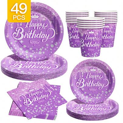 Purple Crystal Crown Happy Birthday Disposable Plate, Napkin, Cup Set, Plates, Napkins And Cups Party Supplies, Serves 8 Guests, Disposable Paper Plates Party Tableware Suitable For Birthday, Wedding, Theme Party, Family Picnic