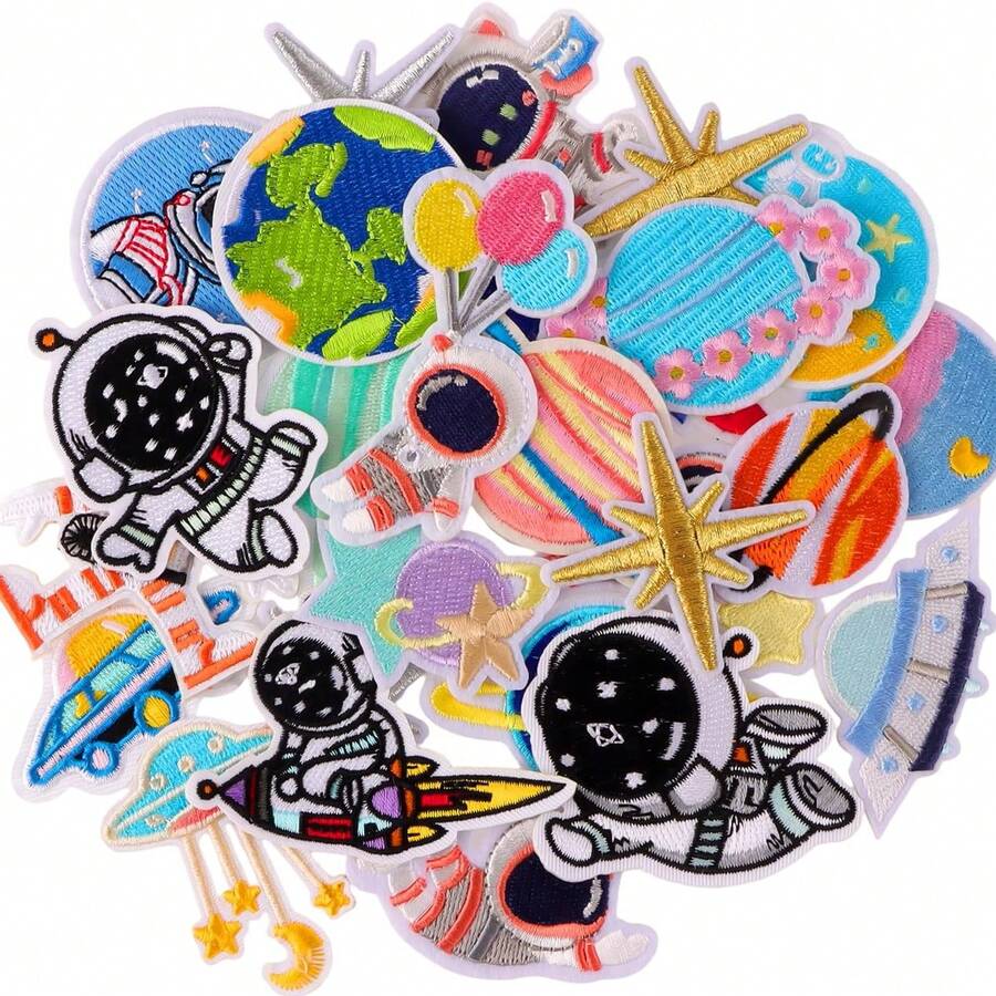 26pcs Embroidered Space Planet, Astronaut Patch Stickers, Iron-On Patches, Solar System Decals For Clothes, Jackets, Backpacks, Jeans - Multicolor - View 1