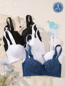 5件套多色性感蕾丝文胸，舒适钢圈聚拢文胸，女士款 - 彩色 - 查看 3
