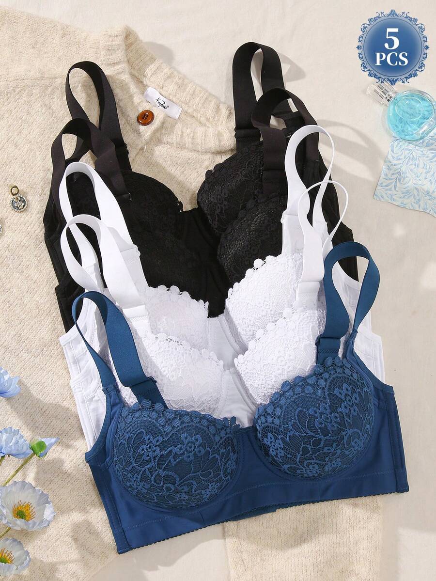 Set de 5 sujetadores de encaje multicolor y sexy, sujetadores con aros cómodos y push-up para mujeres