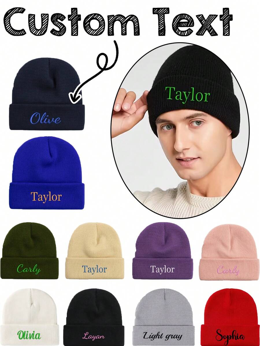 Personalized Embroidered Knit Beanie - White Cursive Font Embroidered With "Brady, Declan, Daniel, Oliver, Sloan" Names, Soft Polyester Material, Men's Winter Warm Hat, Machine Washable, Ideal Christmas And Birthday Gift For Family And Elders, Christmas Hat - Multicolor - View 1