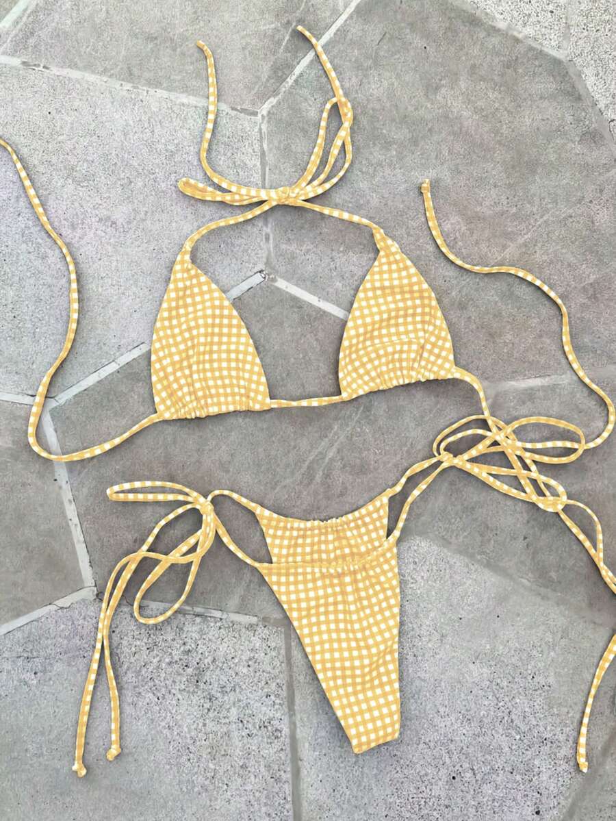 2026 女士黄白格子吊带系带比基尼，甜美性感两件套，适合浪漫假期、夏季海滩、女士生日装、女士健身服、女士优雅连衣裙、女士度假装、女士休闲上衣 - 彩色 - 查看 1