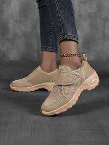 Women's Breathable Mesh Hook And Loop Design Thick Sole Shake Shoes, Summer New Lightweight Outdoor Walking Casual Sneakers - Apricot - View 3