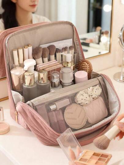 1pc Large Capacity Corduroy Vertical Makeup Bag, Multi-Functional Storage Pouch, Portable Travel Cosmetic Bag, Portable Desktop Skincare & Makeup Tool Organizer Box, Portable Toiletry Bag, Multi-Compartment Travel Cosmetics Organizer