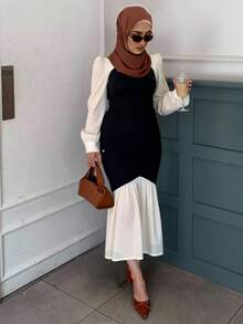 DAZY Elegant Spring Stylish Date Night Patchwork Puff Sleeve Fishtail Midi Dress For Women Prom Dress Elegant,Fall Dress Long Sleeve Dress - Black - View 3