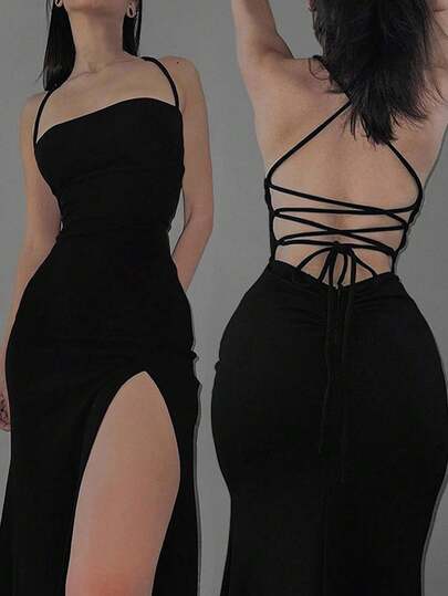 Vestido de tirantes con abertura lateral y espalda descubierta, de unicolor, sexy y de moda para vacaciones y el Día de San Valentín