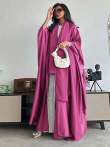 Conjunto de túnica holgada de color liso con mangas de murciélago & pañuelo de cabeza estilo árabe, atuendo de primavera y otoño - Rosa Fucsia - Ver 7