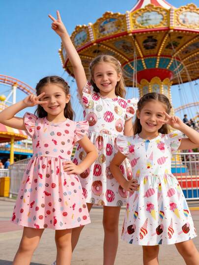 3pcs Young Girl's Casual Dopamine Outfit, Cute Style Dessert Series Ice Cream & Candy & Donut Allover Print Round Neck Puff Sleeve Design Dress, Suitable For Outdoor, Back To School, Commute, Social Gathering, Spring/Summer