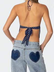 Womens Sexy Backless Halter Top Y2k Polka Dot Print Spaghetti Strap Sleeveless Deep V Neck Tie Back Cami Tank Tops Mesh See Through Camisole Crop Tops Summer Cute Going Out Tops Party Club Beach Vacation Streetwear - 藏蓝色 - 查看 2