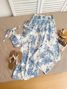 Rusttydustty Floral Print Crop Top And High Waist Wide Leg Pants Set Blue And White Summer Outfit Boho Cruise Women Outfits - Blue and White - View 2
