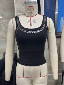 Women Studded Tank Top Silver Rivets Trim Crop Top Sleeveless Going Out Tops  Streetwear - 黑色 - 查看 6