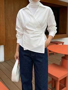 DAZY 女式纯色 V 领衬衫，白色，春夏秋装长袖上衣 - 白色 - 查看 2