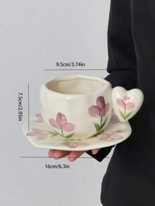 一套郁金香陶瓷咖啡杯碟，欧式心形把手陶瓷杯碟，不对称设计，手工制作陶瓷杯碟，家用早餐牛奶杯、水杯、咖啡杯碟、下午茶杯，礼品杯 - 彩色 - 查看 2