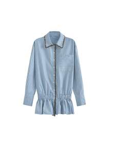 Striped Chic Blouse For Women, French Design Long Sleeve Shirt Tops, Autumn - Blue - View 6