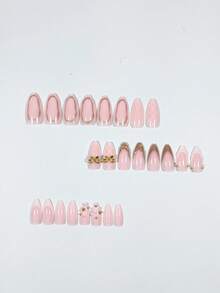 24片简约可爱3D蝴蝶结珍珠白闪法式美甲杏仁形人造指甲贴片，适合上班族、日常佩戴、约会、下午茶、外出等场合。 - 彩色 - 查看 3