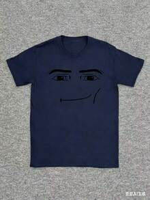 180Gpure CottonAnime Robot Robloxs Face T-Shirts Women Fun Tees Crew Neck Short Sleeve T Shirts Women Clothing Harajuku T ShirtsGIFT-White And Navy Off-The-Shoulder Cropped Top - 藏蓝色 - 查看 3