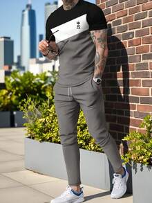 Men's Printed Crew Neck T-Shirt And Pants Set, All Season - Grey - View 2