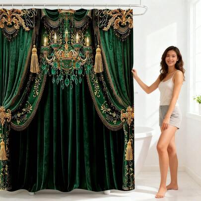 1pc/4pcs Set European Palace Style Bathroom Curtain Set, Includes Carpet, Deep Green Bathroom Curtain Set, Includes Carpet, Toilet Seat Cover And Bath Mat, Modern Bathroom Decor, Includes Bath Mat And 12 Plastic Hooks