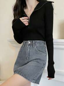 女式修身百搭拉链半领长袖针织毛衣上衣 - 黑色 - 查看 4