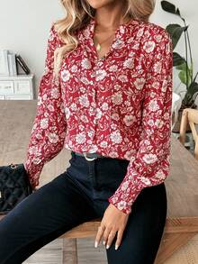 女士时尚通勤印花立领荷叶边长袖衬衫 - 紅色 - 查看 5