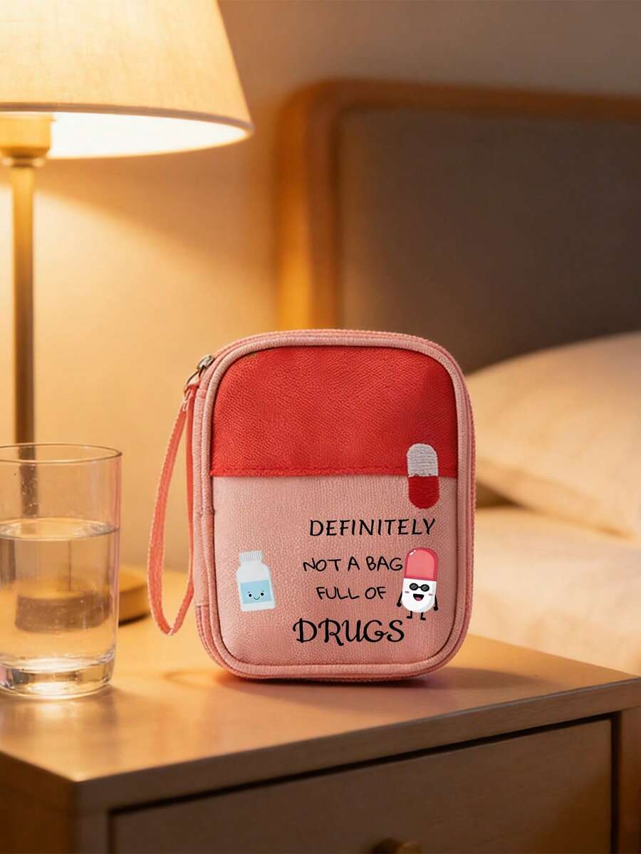 1pc Cartoon Pill Pattern Letter Printed Family Medicine Bag, Waterproof And Wear-Resistant, Portable Mini First Aid Kit Suitable For Camping, Hiking, Home, Outdoor, School, Backpacking, Trekking, Fishing, Hunting, Boating And More - Multicolor - View 1