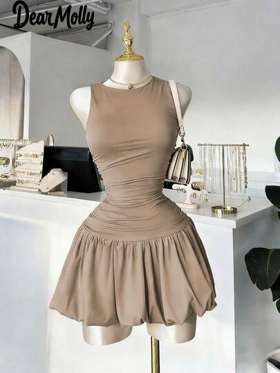 Vestido corto rojo de cuello redondo y sin mangas DEAR MOLLY para mujer, elegante y adecuado para usar como ropa formal, excelente para salidas, fiestas y citas en primavera