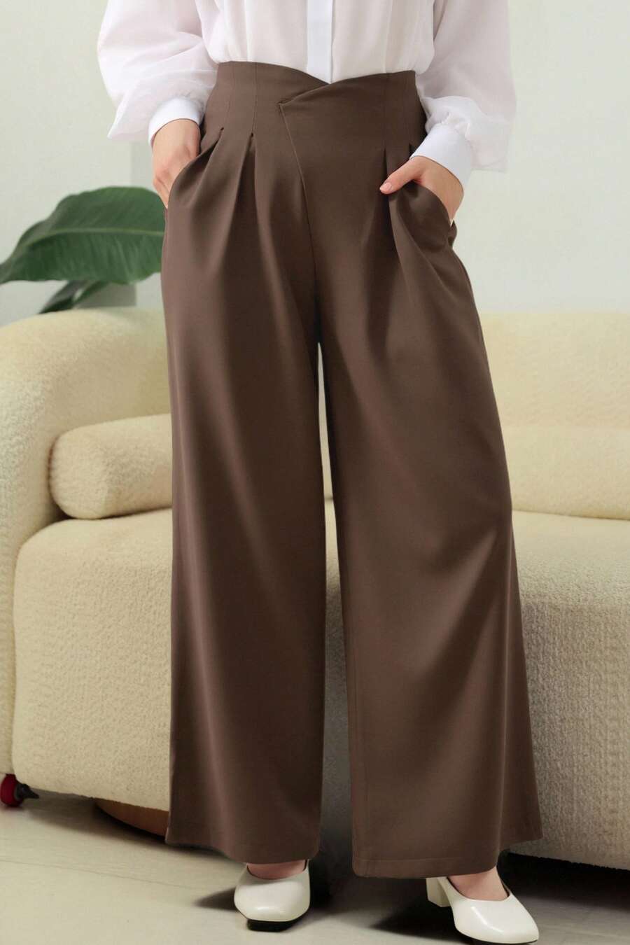 DAZY Pantalones anchos de cintura alta de unicolor para mujer, uso casual diario, ropa de otoño, ropa de vuelta al colegio, pantalones de vestir para maestras - Marrón - Ver 1