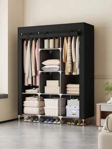 1pc Easy To Assemble Portable Wardrobe, Multi-Layer Clothes Storage Cabinet With Hanging Area & Dust Cover, Suitable For Bedroom, Living Room, Dorm, Black/Silver Grey, Small/Medium/Large Size - Multicolor - View 3