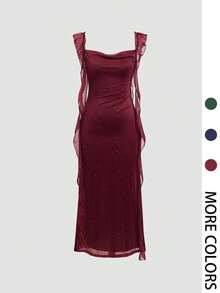 Women's Solid Glitter Ruffle Trim Dress, Elegant Sleeveless Formal Dress For Party Club Dating Wear, Ladies Clothes For All Seasons - Đỏ - Xem 1