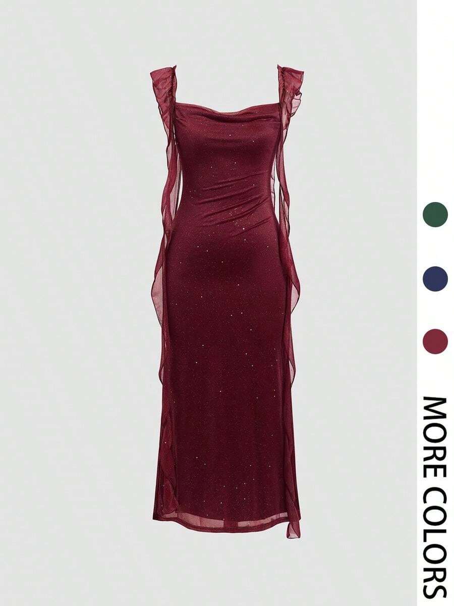 Women's Solid Glitter Ruffle Trim Dress, Elegant Sleeveless Formal Dress For Party Club Dating Wear, Ladies Clothes For All Seasons - Đỏ - Xem 1