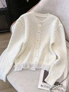 French Romantic Lace Patchwork Round Neck Hollow Pearl Button Knitted Cardigan - White - View 3